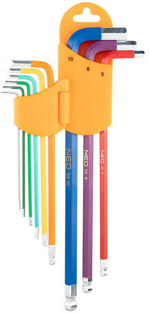 Zestaw długich kluczy imbusowych z kulką ze stali SNCM+V o rozmiarze 1.5 - 10 mm 9 sztuk Neo 09-512