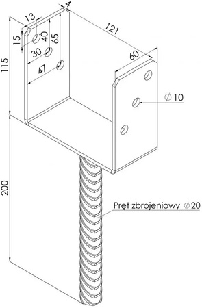 Podstawa słupa do wmurowania KSU kotwa U o wymiarach 120 x 65 x 200 x 4 mm