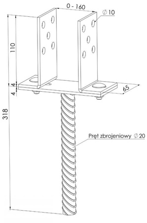 Podstawa słupa/kotwa do wmurowania KSU kotwa U o wymiarach 160 x 65 x 200 x 4 mm