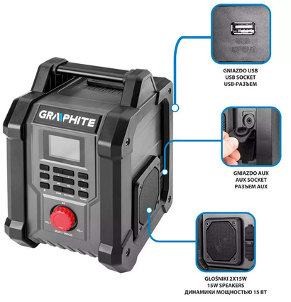 Radio budowlane akumulatorowe / sieciowe 18V + zasilacz Graphite 58GE128