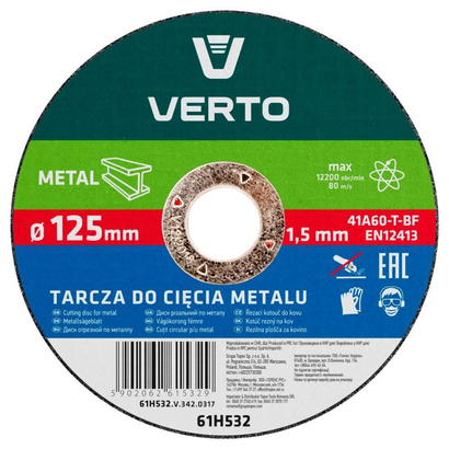 Tarcza tnąca do metalu o średnicy 125 x 1.5 x 22.2 mm 41A60-T-BF Verto 61H532