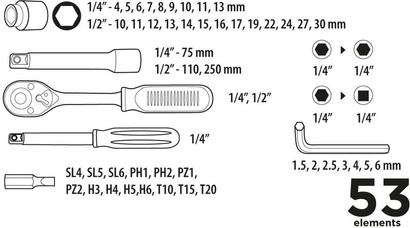 Zestaw kluczy nasadowych 1/2" i 1/4" 53 elementów Topex 38D530