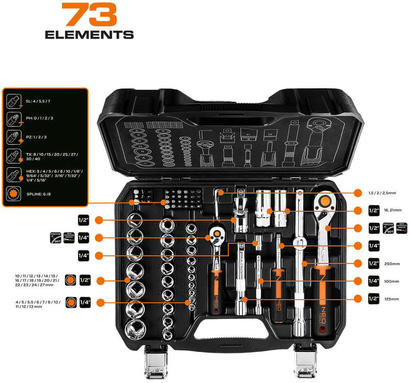 Zestaw kluczy nasadowych 1/2" i 1/4" 73 elementów Neo 10-054
