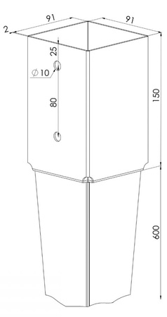 Podstawa słupa wbijana wspornik KSW o wymiarach 90 x 150 x 750 x 2 mm