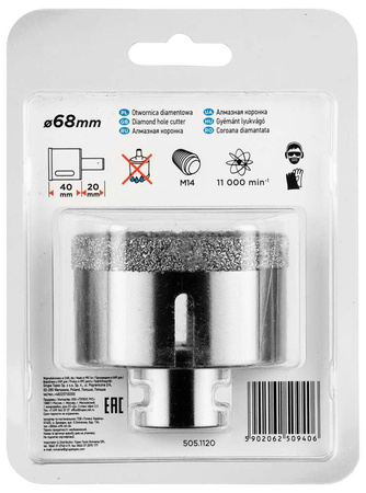 Otwornica diamentowa do kamienia, gresu, płytek, szkła, asfaltu, cegły i betonu 68 mm Graphite 55H315