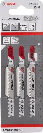 Brzeszczot do wyrzynarki do tworzyw sztucznych CLEAN FOR PMMA Bosch T 102 BF 3 sztuki