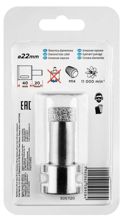 Otwornica diamentowa do kamienia, gresu, płytek, szkła, asfaltu, cegły i betonu 22 mm Graphite 55H306