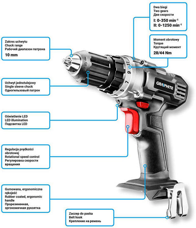 Wiertarko-wkrętarka akumulatorowa dwubiegowa z regulacją obrotów Energy+ 18V + akumulator 2 Ah + ładowarka Graphite 58G000-SET1