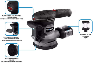 Szlifierka mimośrodowa sieciowa 450 W Graphite 125/150 mm + wymienna stopa + walizka