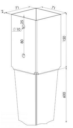 Podstawa słupa wbijana wspornik KSW o wymiarach 70 x 150 x 750 x 2 mm