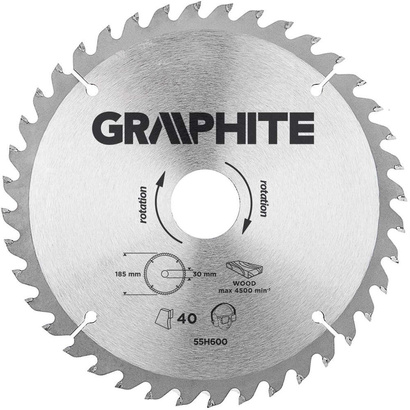 Tarcza pilarska do drewna widiowa Graphite 185x30 mm 40 zębów 55H600