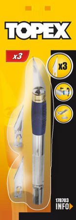 Nóż modelarski z uchwytem metalowym radełkowanym 3 ostrza Topex 17B703