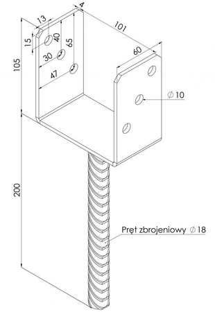 Podstawa słupa do wmurowania KSU kotwa U o wymiarach 100 x 65 x 200 x 4 mm