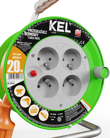 Przedłużacz elektryczny bębnowy warsztatowy o długości 20 m KEL PB-ST/M/20M/3X1/H05VV-F