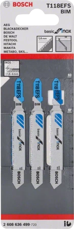Brzeszczot do wyrzynarki do metalu i stali nierdzewnej INOX BASIC FOR STAINLESS STEEL Bosch T 118 EFS 3 sztuki
