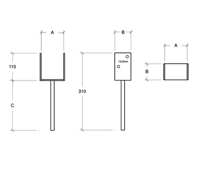 Podstawa słupa do wmurowania KSU kotwa U o wymiarach 61 x 50 x 200 x 4 mm