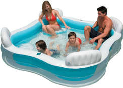 Basen ogrodowy dmuchany z 4 siedzeniami niebiesko-biały o wymiarach 229 x 229 x 66 cm i pojemności 990 l Intex