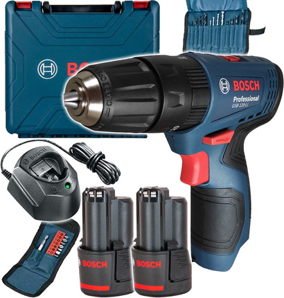 Wiertarko-wkrętarka udarowa akumulatorowa Bosch Professional GSB 120-LI + akumulator 2 x 2,0 Ah + zestaw wierteł + walizka